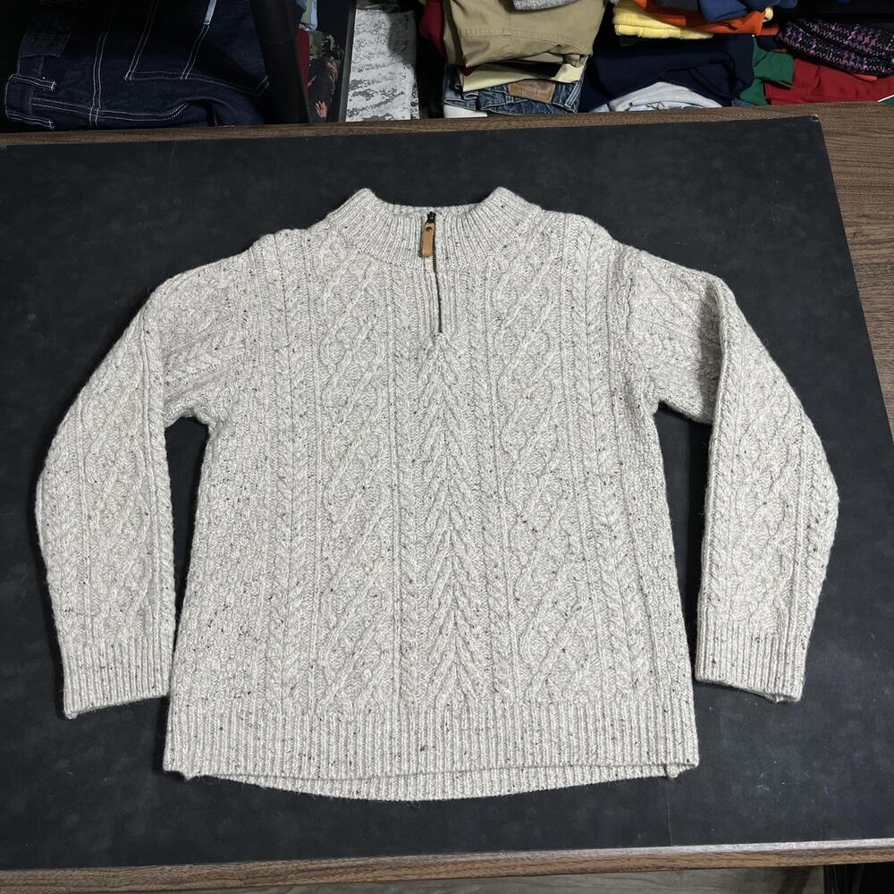 Aran Crafts Merino Wool Sweater Womens Medium Beige 1/4 Zip Mock Neck Cable Knit